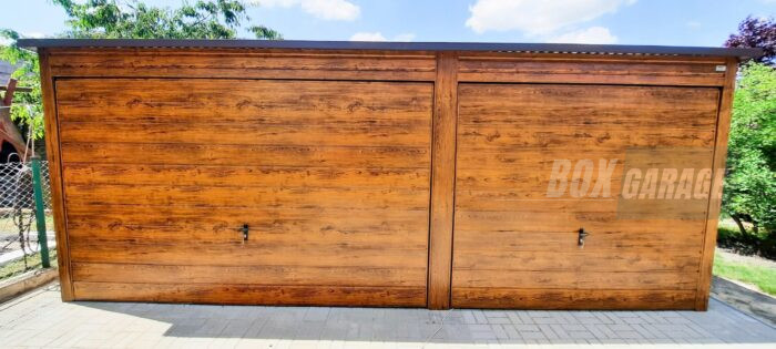 GARAŻ BLASZANY 6m x 6m poziom - spad tył - 2x Brama uchylna ciemny orzech - drewnopodobny BOX74 6x6 - obrazek 2