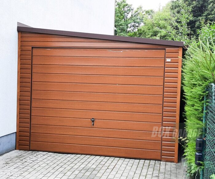 GARAŻ BLASZANY 3,5m x 6m poziom - spad w prawo - 2x Brama uchylna - jasny orzech - drewnopodobny BOX63 3,5x6 - obrazek 2