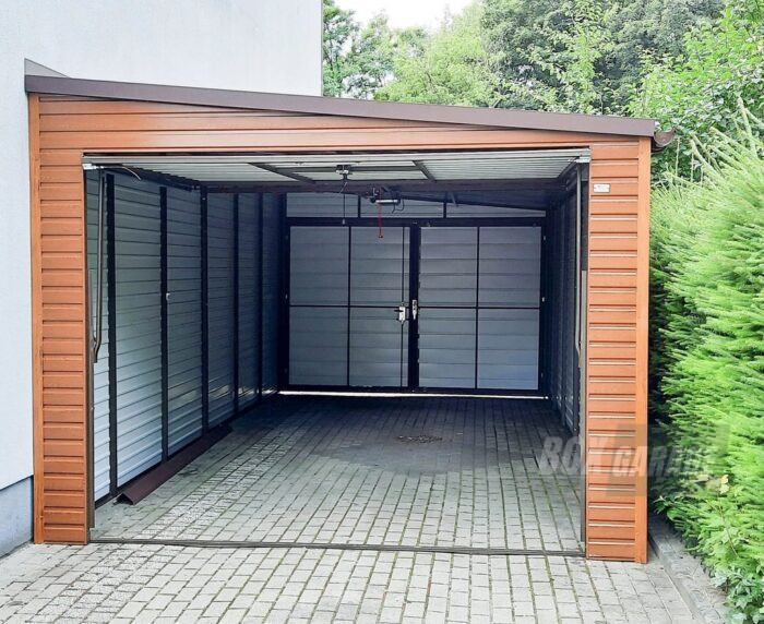 GARAŻ BLASZANY 3,5m x 6m poziom - spad w prawo - 2x Brama uchylna - jasny orzech - drewnopodobny BOX63 3,5x6 - obrazek 4