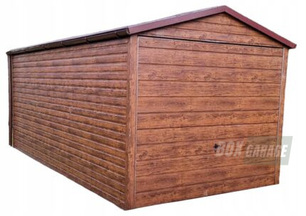 GARAŻ BLASZANY 3m x 6m poziom - dwuspad - Brama uchylna - ciemny orzech rynny BOX2 3x6