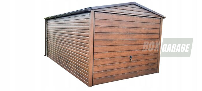 GARAŻ BLASZANY 3m x 6m poziom - dwuspad - Brama uchylna - ciemny orzech rynny BOX81 3x6 - obrazek 1