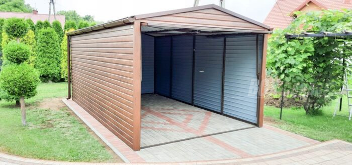GARAŻ BLASZANY 3m x 6m poziom - dwuspad - Brama uchylna - ciemny orzech rynny BOX81 3x6 - obrazek 2