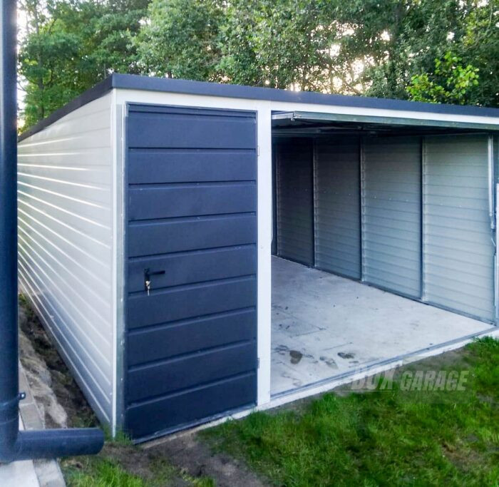 GARAŻ BLASZANY 4m x 5m poziom - spad w tył - Brama - drzwi - antracyt + biały BOX14 4x5 - obrazek 3