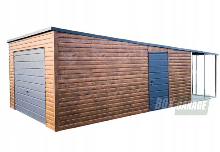 GARAŻ BLASZANY 4m x 6m poziom - spad tył Brama uchylna - wiata - drzwi + okno PCV - drewnopodobny BOX30 4x6 - obrazek 1