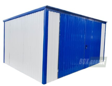 GARAŻ BLASZANY 4m x 5m pion - spad w tył - Brama - niebieski + biały BOX67 4x5