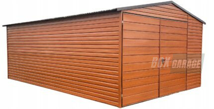 GARAŻ BLASZANY 4m x 6m poziom - dwuspad + Brama - jasny orzech - drewnopodobny BOX79 4x6