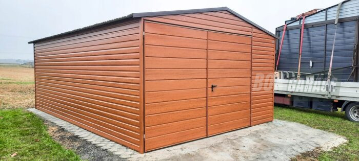 GARAŻ BLASZANY 4m x 6m poziom - dwuspad + Brama - jasny orzech - drewnopodobny BOX79 4x6 - obrazek 2