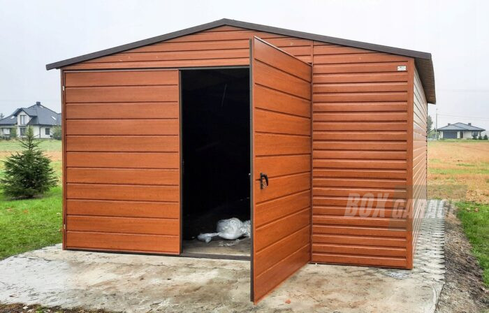 GARAŻ BLASZANY 4m x 6m poziom - dwuspad + Brama - jasny orzech - drewnopodobny BOX79 4x6 - obrazek 3