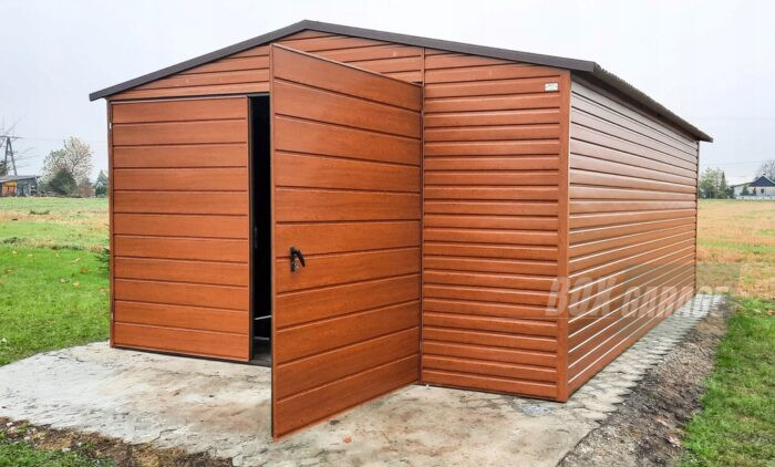 GARAŻ BLASZANY 4m x 6m poziom - dwuspad + Brama - jasny orzech - drewnopodobny BOX79 4x6 - obrazek 4