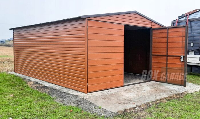 GARAŻ BLASZANY 4m x 6m poziom - dwuspad + Brama - jasny orzech - drewnopodobny BOX79 4x6 - obrazek 7