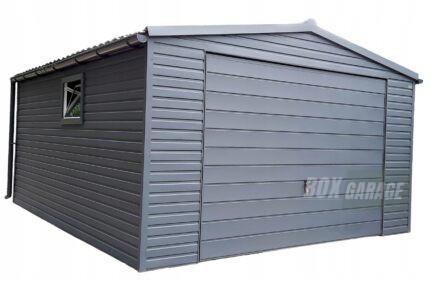 GARAŻ BLASZANY 5m x 6m poziom - dwuspad - Brama uchylna + drzwi + 2x okno - antracyt grafit BOX60 5x6