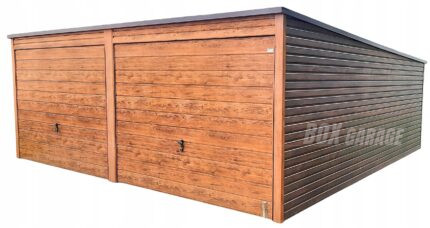 GARAŻ BLASZANY 6m x 5,8m poziom - spad tył - 2x Brama uchylna + drzwi - jasny orzech - drewnopodobny BOX9 6x5,8