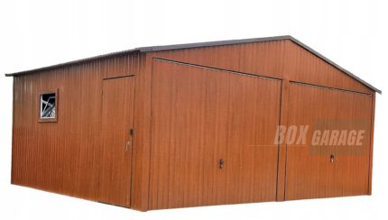 GARAŻ BLASZANY 6m x 5m pion - dwuspad 2x Brama uchylna + drzwi + okno jasny orzech BOX12 6x5