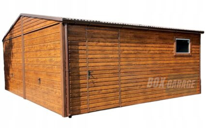 GARAŻ BLASZANY 6m x 5,8m poziom - dwuspad 2x Brama + drzwi drewnopodobny BOX107 6x5,8