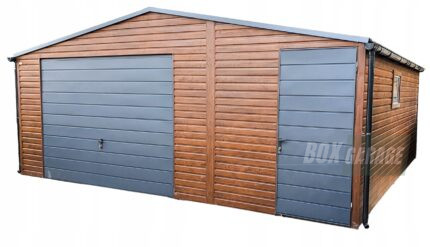 GARAŻ BLASZANY 6m x 5,8m poziom - dwuspad - Brama + drzwi + okno - drewnopodobny + antracyt Blachodachówka BOX57 6x5,8