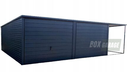 GARAŻ BLASZANY 6m x 5m poziom - spad tył 2x Brama uchylna - wiata - dodatkowe drzwi + antracyt BOX124 6x5