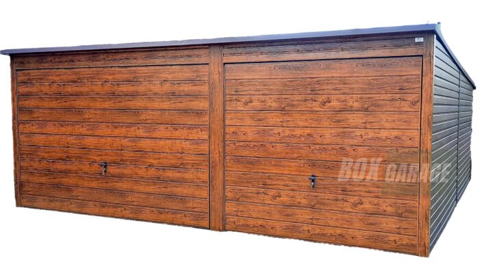 GARAŻ BLASZANY 6m x 6m poziom - spad tył - 2x Brama uchylna ciemny orzech - drewnopodobny BOX74 6x6 - obrazek 1