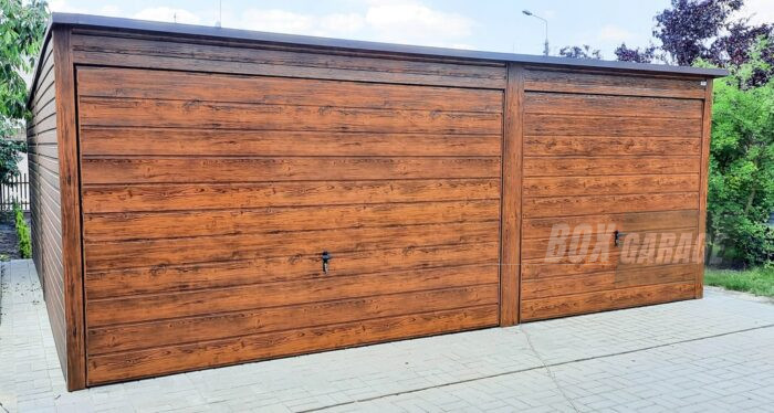 GARAŻ BLASZANY 6m x 6m poziom - spad tył - 2x Brama uchylna ciemny orzech - drewnopodobny BOX74 6x6 - obrazek 3