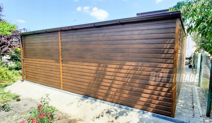 GARAŻ BLASZANY 6m x 6m poziom - spad tył - 2x Brama uchylna ciemny orzech - drewnopodobny BOX74 6x6 - obrazek 4