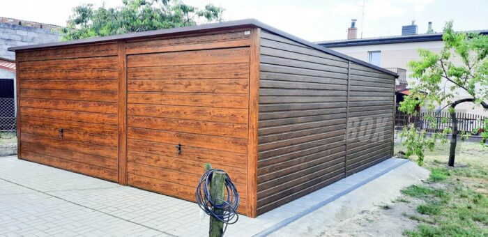 GARAŻ BLASZANY 6m x 6m poziom - spad tył - 2x Brama uchylna ciemny orzech - drewnopodobny BOX74 6x6 - obrazek 6