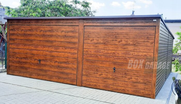 GARAŻ BLASZANY 6m x 6m poziom - spad tył - 2x Brama uchylna ciemny orzech - drewnopodobny BOX74 6x6 - obrazek 9