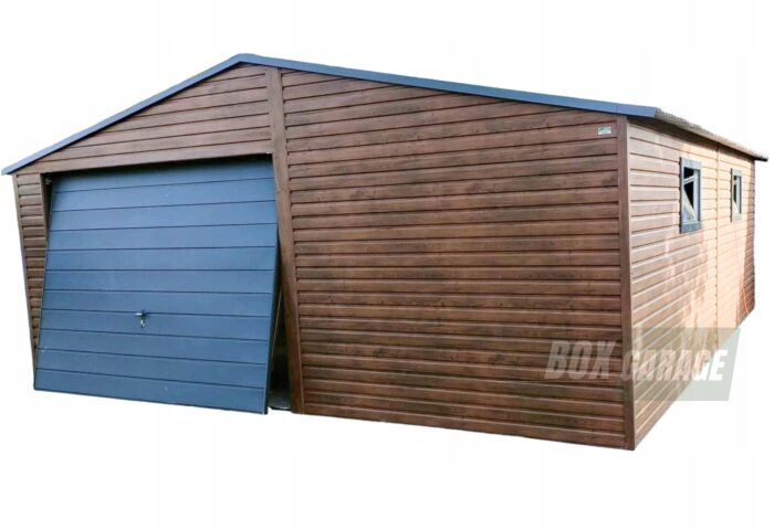 GARAŻ BLASZANY 6m x 6m dwuspad - Brama uchylna - ciemny orzech - dodatkowe drzwi - 2x okno BOX102 6x6 - obrazek 1