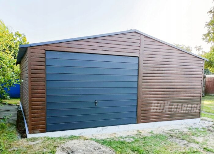 GARAŻ BLASZANY 6m x 6m dwuspad - Brama uchylna - ciemny orzech - dodatkowe drzwi - 2x okno BOX102 6x6 - obrazek 4