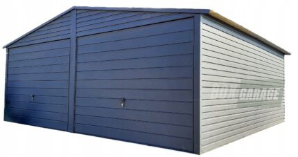GARAŻ BLASZANY 6m x 6m poziom - dwuspad - 2x Brama + okno + drzwi - antracyt BOX66 6x6