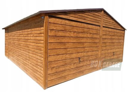 GARAŻ BLASZANY 6m x 6m poziom - dwuspad 2x Brama + dodatkowe drzwi - drewnopodobny BOX98 6x6