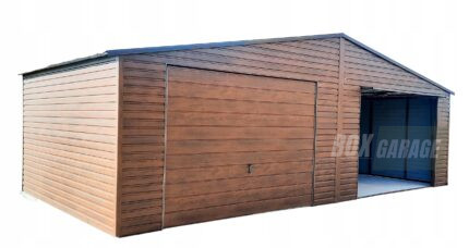 GARAŻ BLASZANY 8m x 6m poziom - dwuspad - 2x Brama uchylna - ciemny orzech drewnopodobny BOX54 8x6