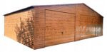 GARAŻ BLASZANY 9m x 6m poziom - dwuspad 2x Brama + drzwi - jasny orzech BOX90 9x6