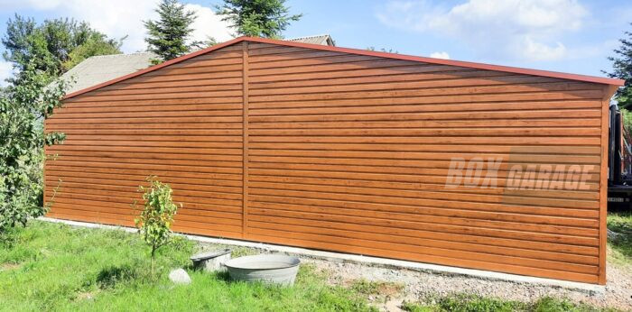 GARAŻ BLASZANY 9m x 6m poziom - dwuspad 2x Brama + drzwi - jasny orzech BOX90 9x6 - obrazek 2