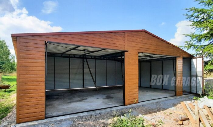 GARAŻ BLASZANY 9m x 6m poziom - dwuspad 2x Brama + drzwi - jasny orzech BOX90 9x6 - obrazek 3