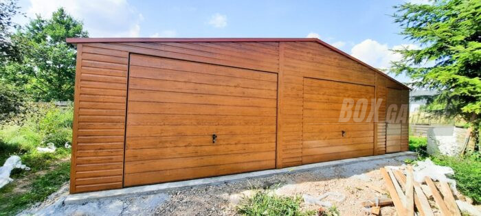 GARAŻ BLASZANY 9m x 6m poziom - dwuspad 2x Brama + drzwi - jasny orzech BOX90 9x6 - obrazek 4
