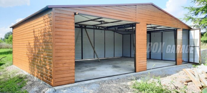 GARAŻ BLASZANY 9m x 6m poziom - dwuspad 2x Brama + drzwi - jasny orzech BOX90 9x6 - obrazek 5